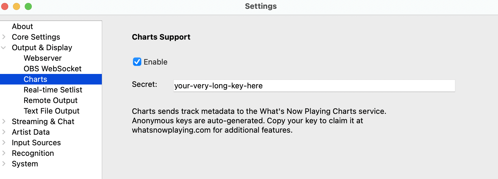 Location of Charts API key in What's Now Playing client